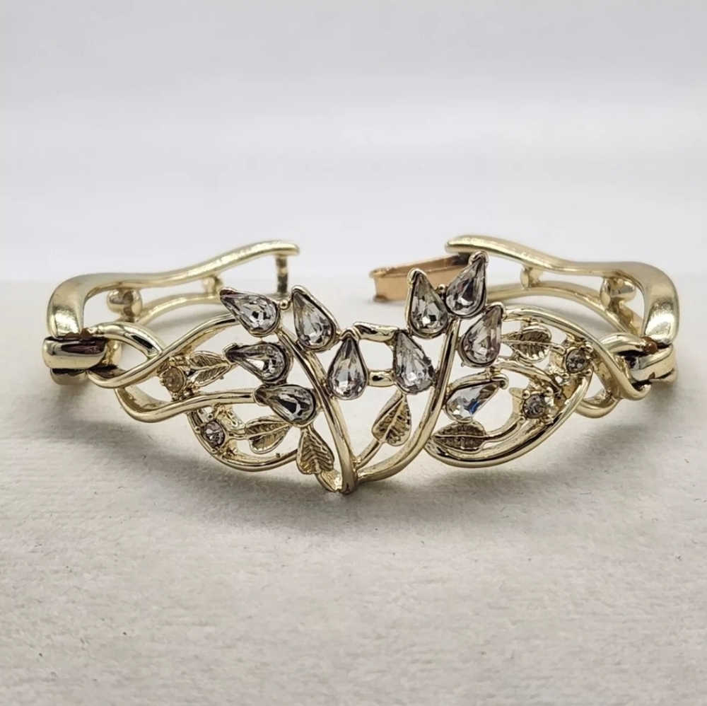 Vintage Signed Bogoff Clear Rhinestones Gold Tonr… - image 4